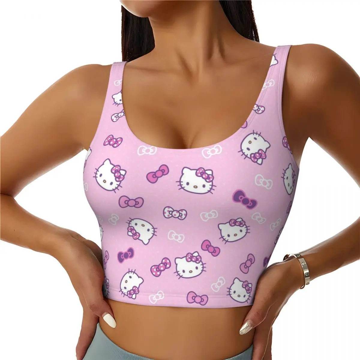 

Cute Kitty Cartoon High Impact Sports Bras Women Workout Yoga Crop Tank Tops Breathable Quick Dry Spicy Girl Cute Fashionable Ve