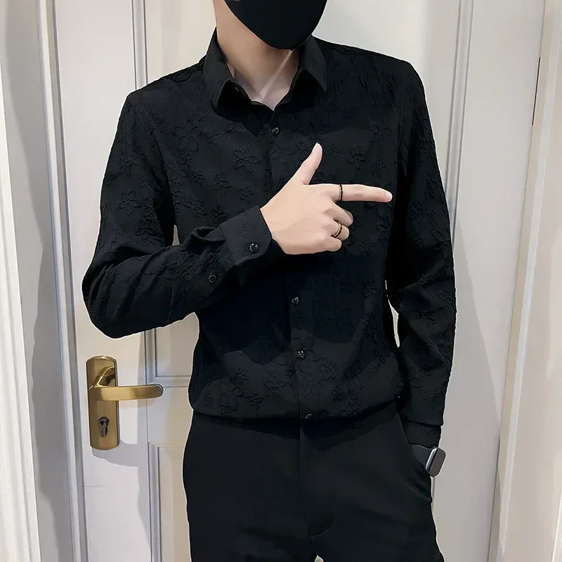 Vintage Jacquard Shirt 2025 Spring Long Sleeve Slim Fit Casual Tuxedo Fashion Man Wedding social Shirts Plus Size 4XL-M