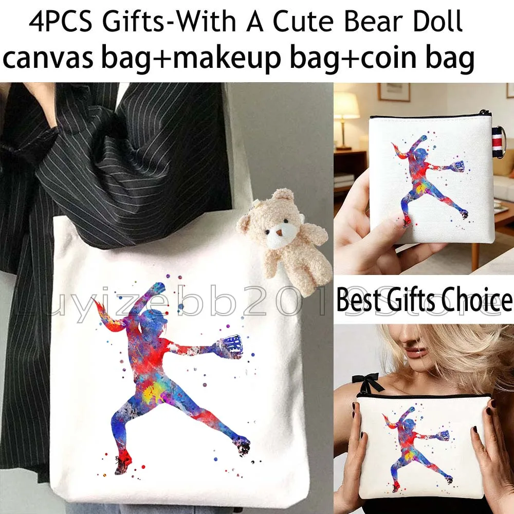 4PCS Girl Softball Player Watercolor Painting Gifts Canvas Tote Bag Cotton Handbag,Cosmetic Makeup Bag,Coin Purse Wallet Pouch