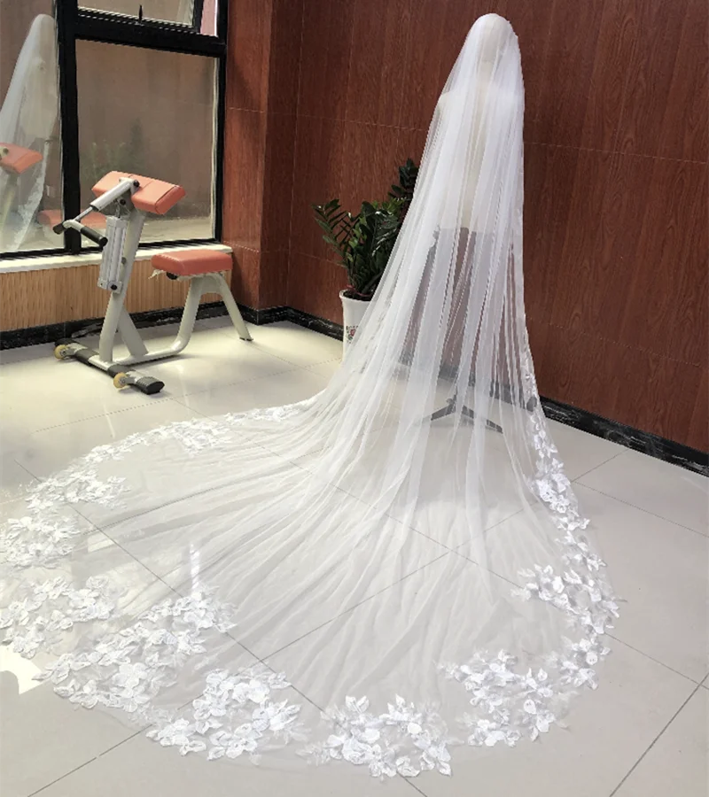 Elegant Wedding Veil1 Tier White Ivory Floral Lace Edge Bridal Veil with Comb Cathedral Length 300cm/350cm Bride Accessories