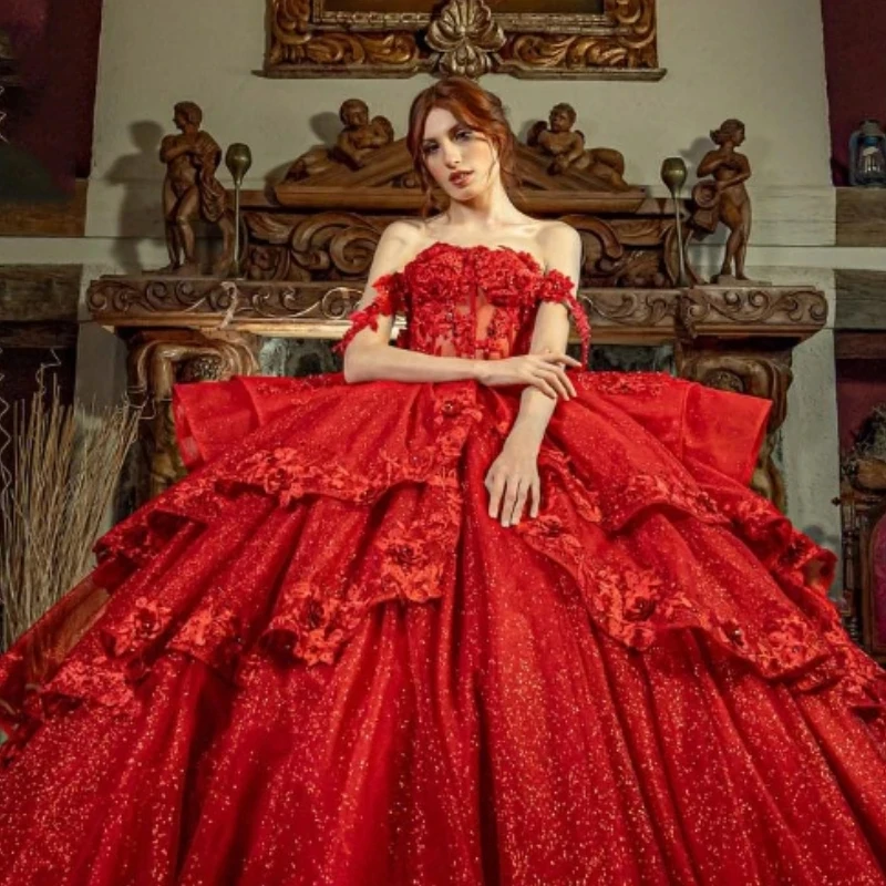 Fora do ombro Puffy Ruffles Quinceanera Vestidos, Laço vermelho lantejoulas, Grânulos de trem da catedral, vermelho escuro, vestidos de baile, 15