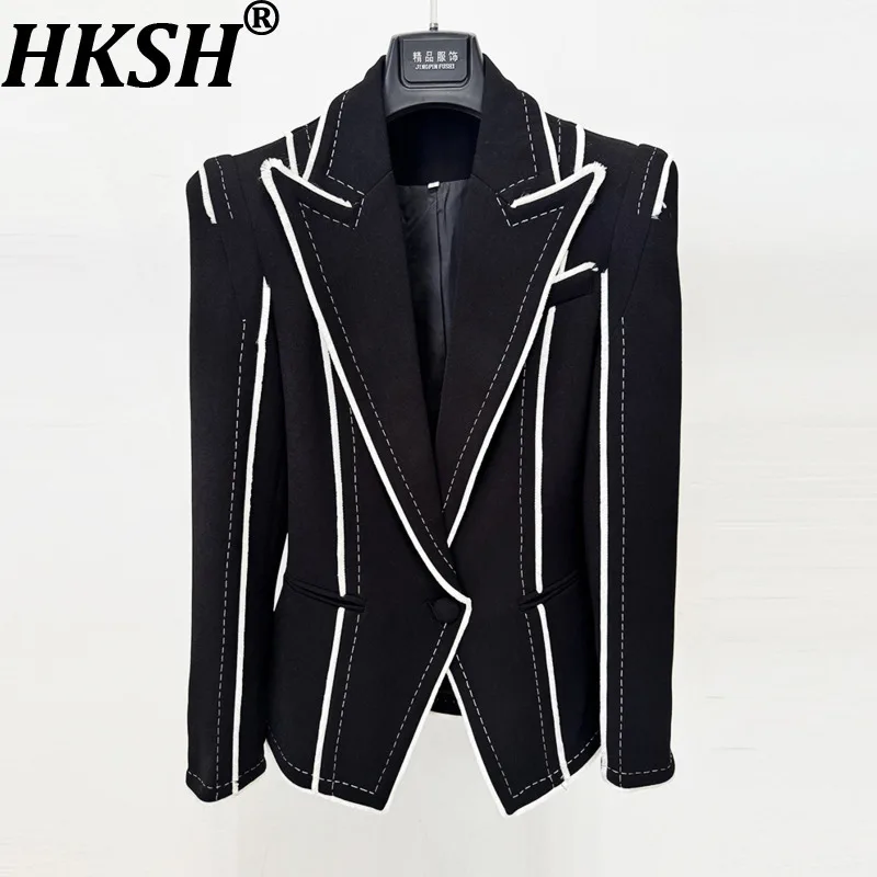 

HKSH Women Blazer Color Block Notched Collar Single Button Slim Fit Elegant High-end Luxury Jacket Ins New Spring Autumn HK21183