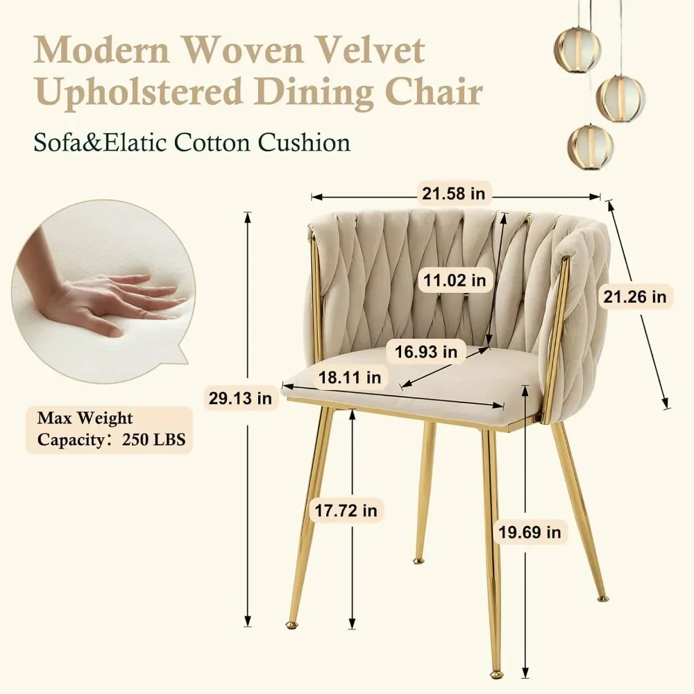 Modern Velvet Dining Chairs Weaving Accent Upholstered Side Chair with Golden Metal Legs european sillas comedor furnitures