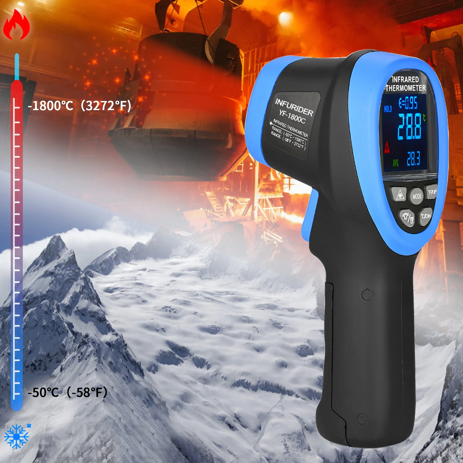 

HP-1800C Industrial Infrared Thermometer Dual Laser -50~1800℃ 50:1 Adjustable Emissivity Color LCD Max/Min for HVAC Kiln