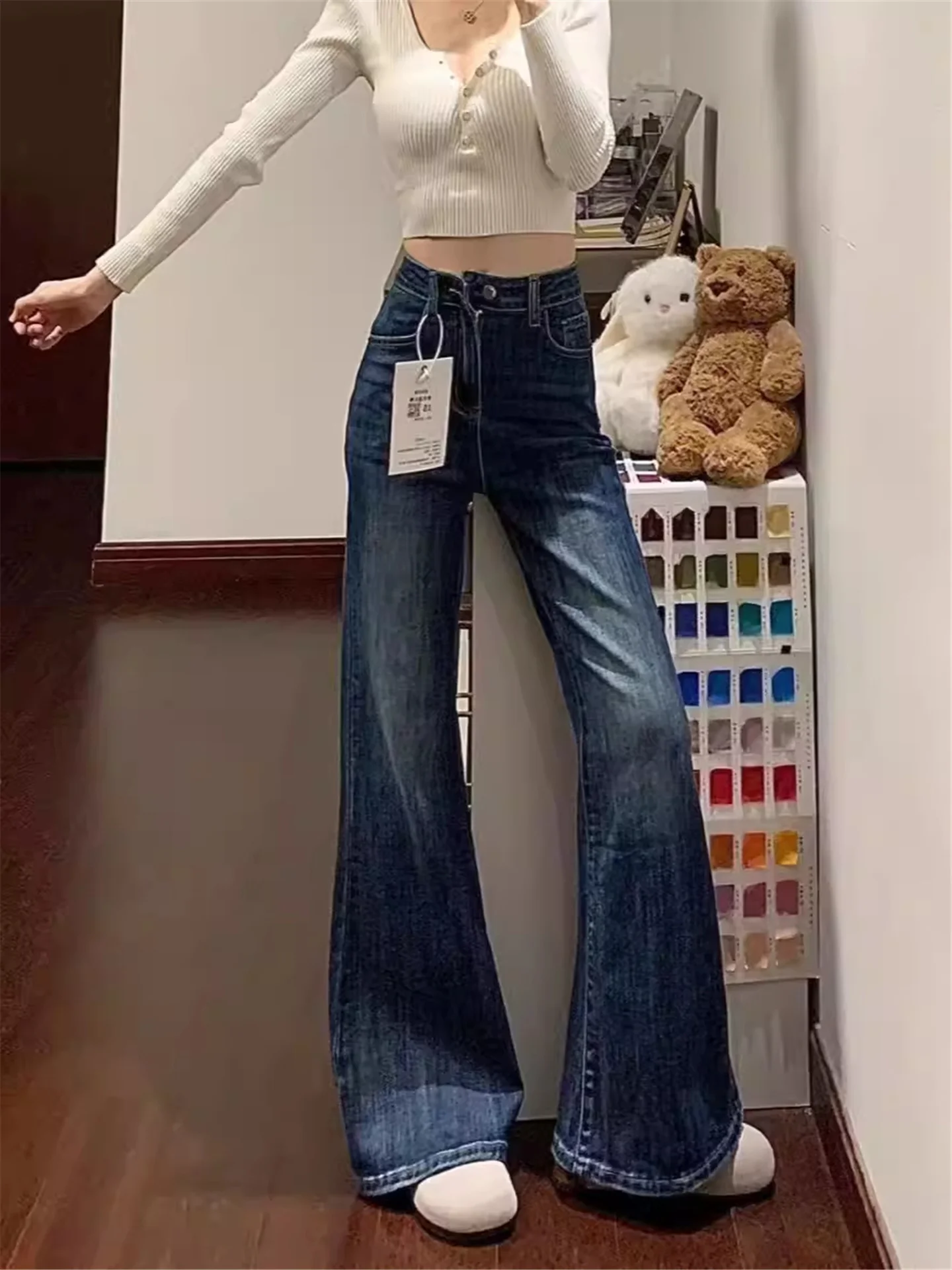 

Retro High Waist Bell Bottom Jeans Women's Loose Fit Long Length Casual Cotton Denim Spring Season Fashion plus Size