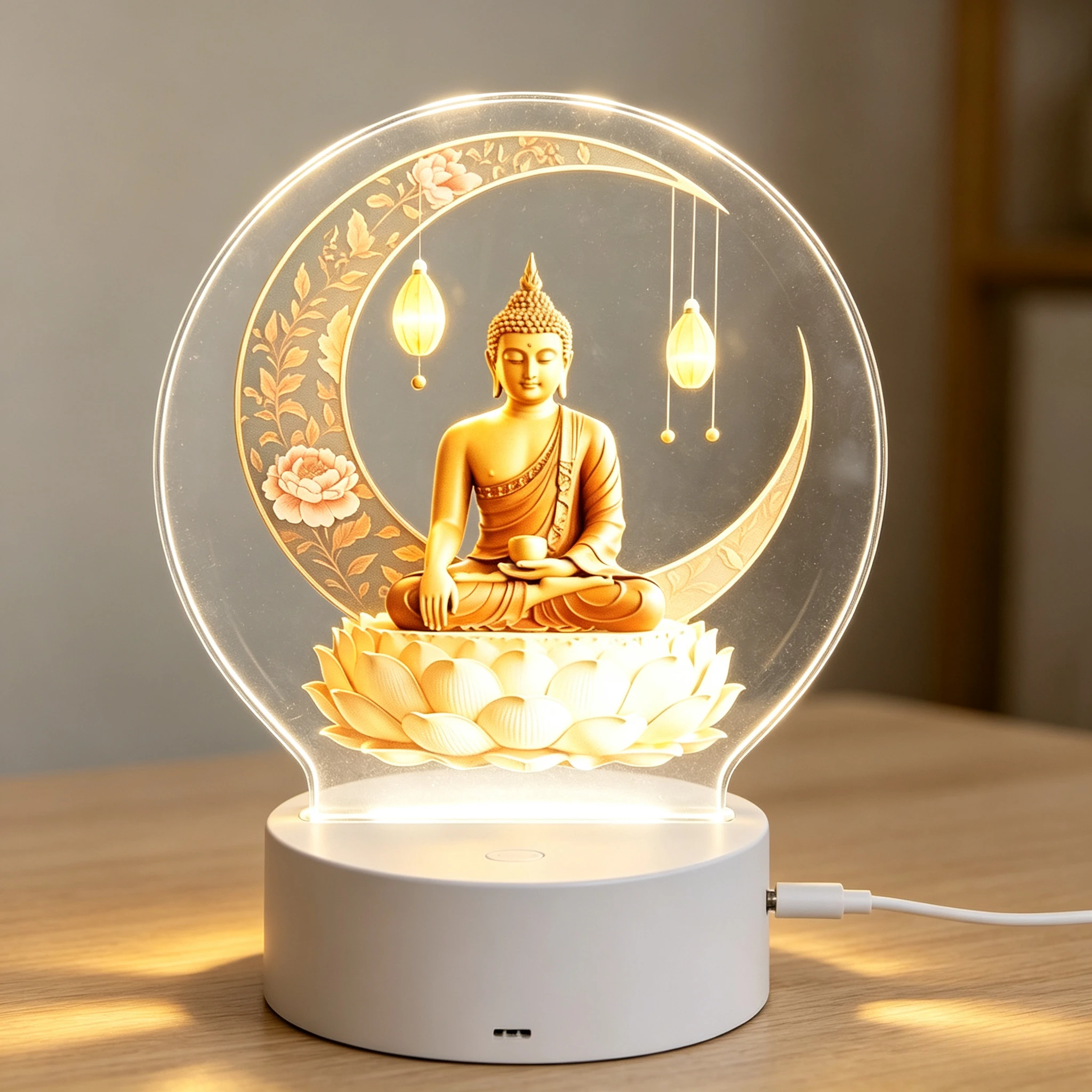 Acrylic Night Light, Zen Sitting Buddha Design, Placed on a Enormous White Lotus, LED Table Lamp - Home Decor Desk Lamp, Buddhist Theme - Powered Low Power Eye Protection Warm Light, Ideal for Indoor/Home/Office Decoration, Temple Zen Ornaments