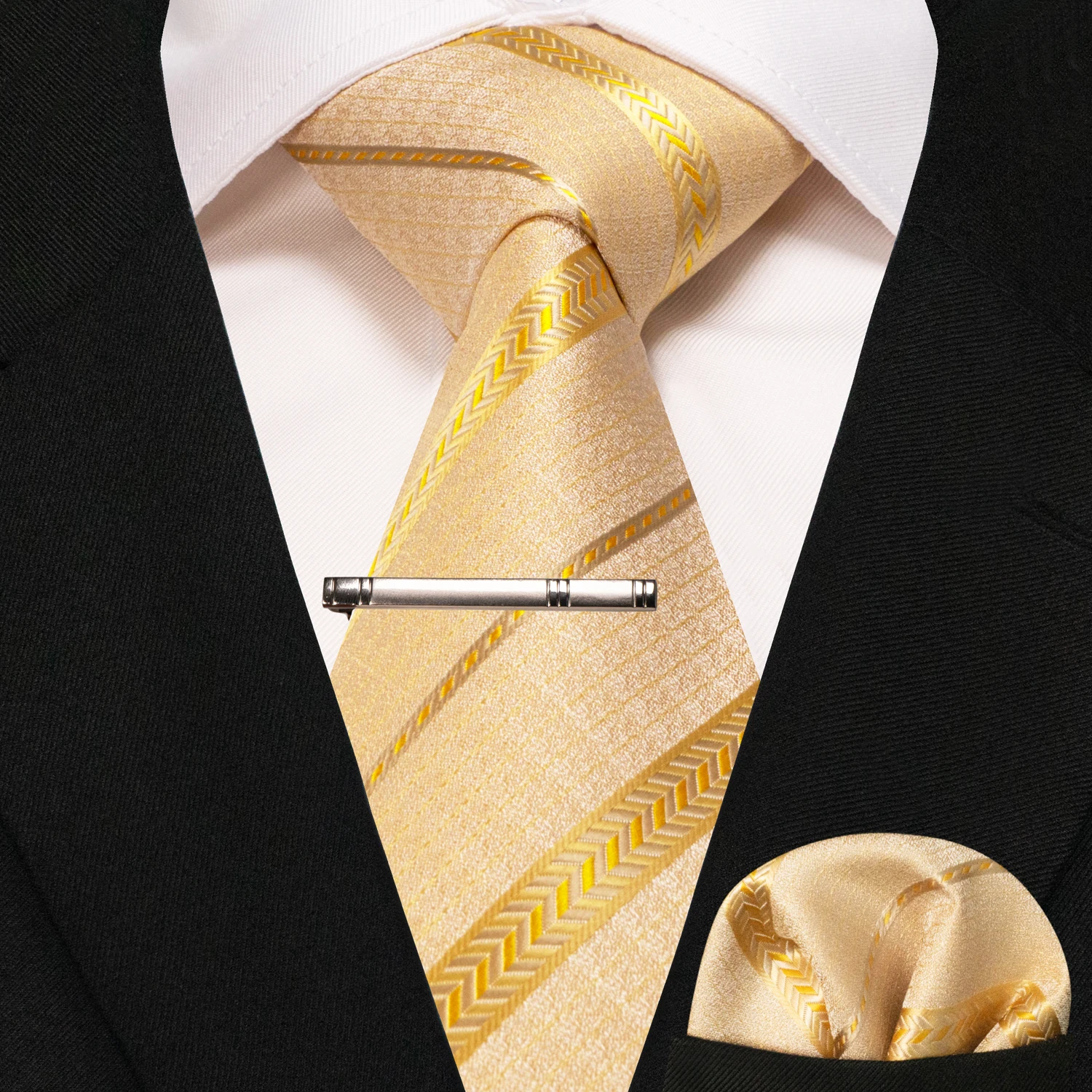 JEMYGINS New classic silk men\'s tie 8cm gold plaid stripe Paisley business tie handkerchief Set Gift wedding party Accessories