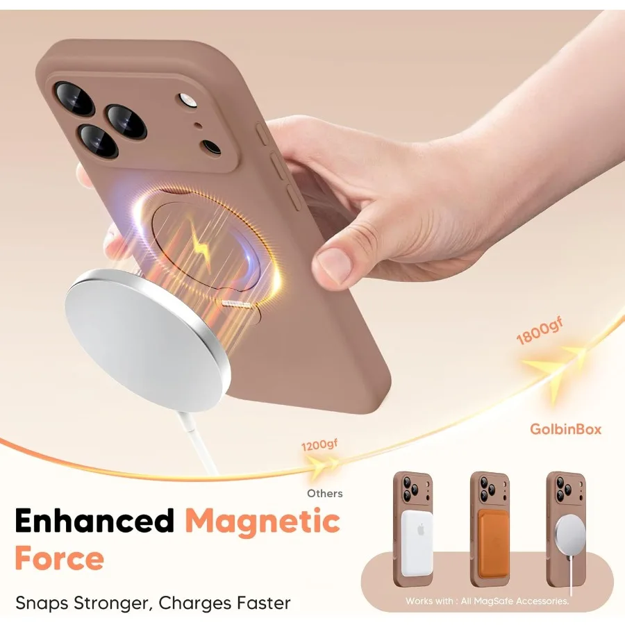 Custodia con supporto magnetico marrone 360 Spin per iPhone 17 Pro Max 6,9'' con protezione completa della fotocamera e design in silicone liquido antiurto