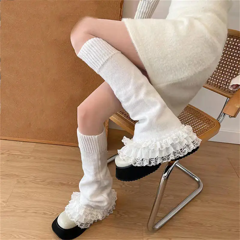 Lace Ruffle Edge Leg Protection For Ski Cycling Layered Sweet And Cute Girl Knitted Multi-layer Leg Protection