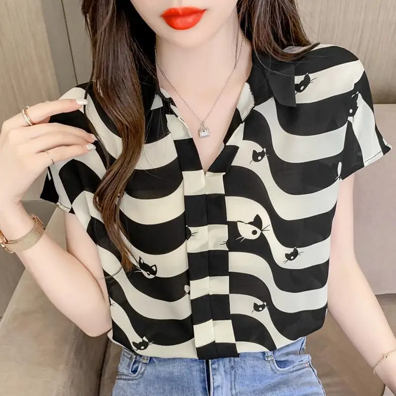 Striped Chiffon Vintage Shirts Women Summer 2022 New Fashion Office Lady Commuter Loose Tops Short Sleeve Elegant Blouse Female