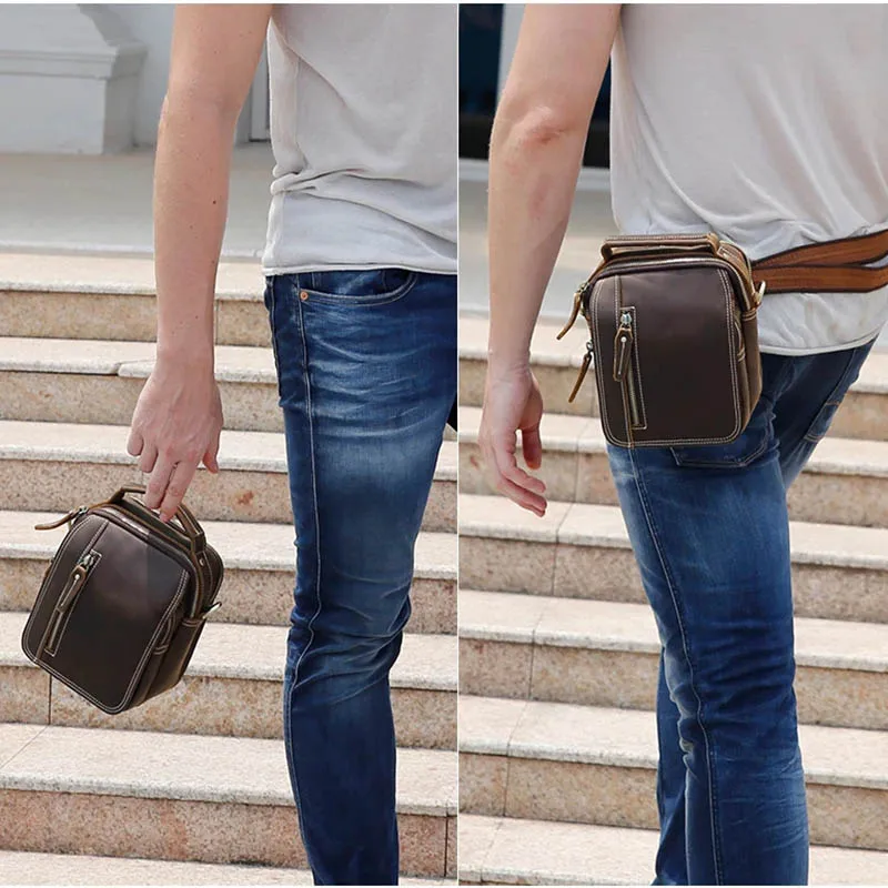 Men\'s Mini Shoulder Bag Crazy Horse Genuine Leather Crossbody Belt Bag Double Zipper Pocket Phone Pouch Vintage Handbag