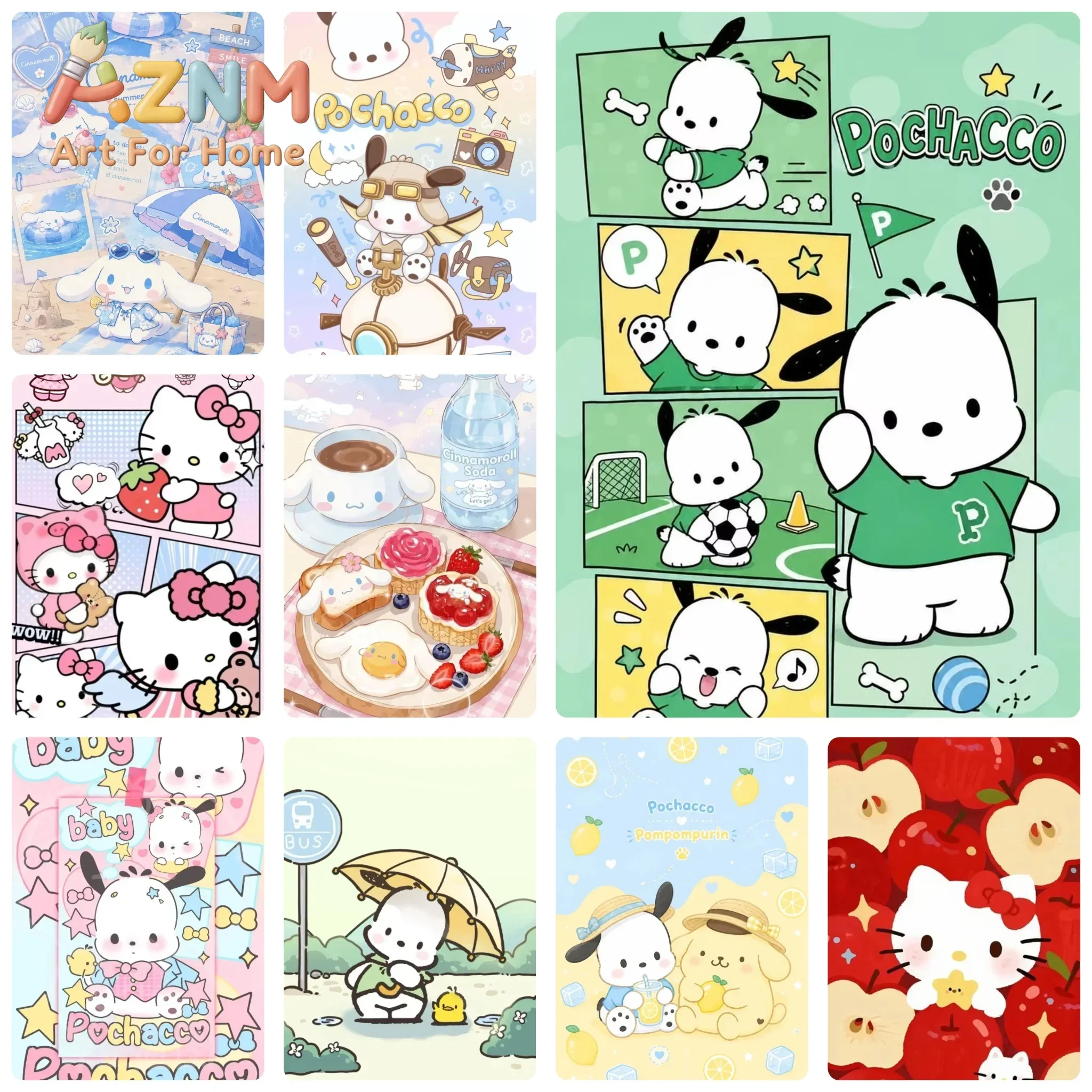 AZNM Sanrio Pochacco Cinnamoroll Hello Kitty Cartoon Canvas Poster Unframed Wall Art Print for Girls Bedroom Home Decor