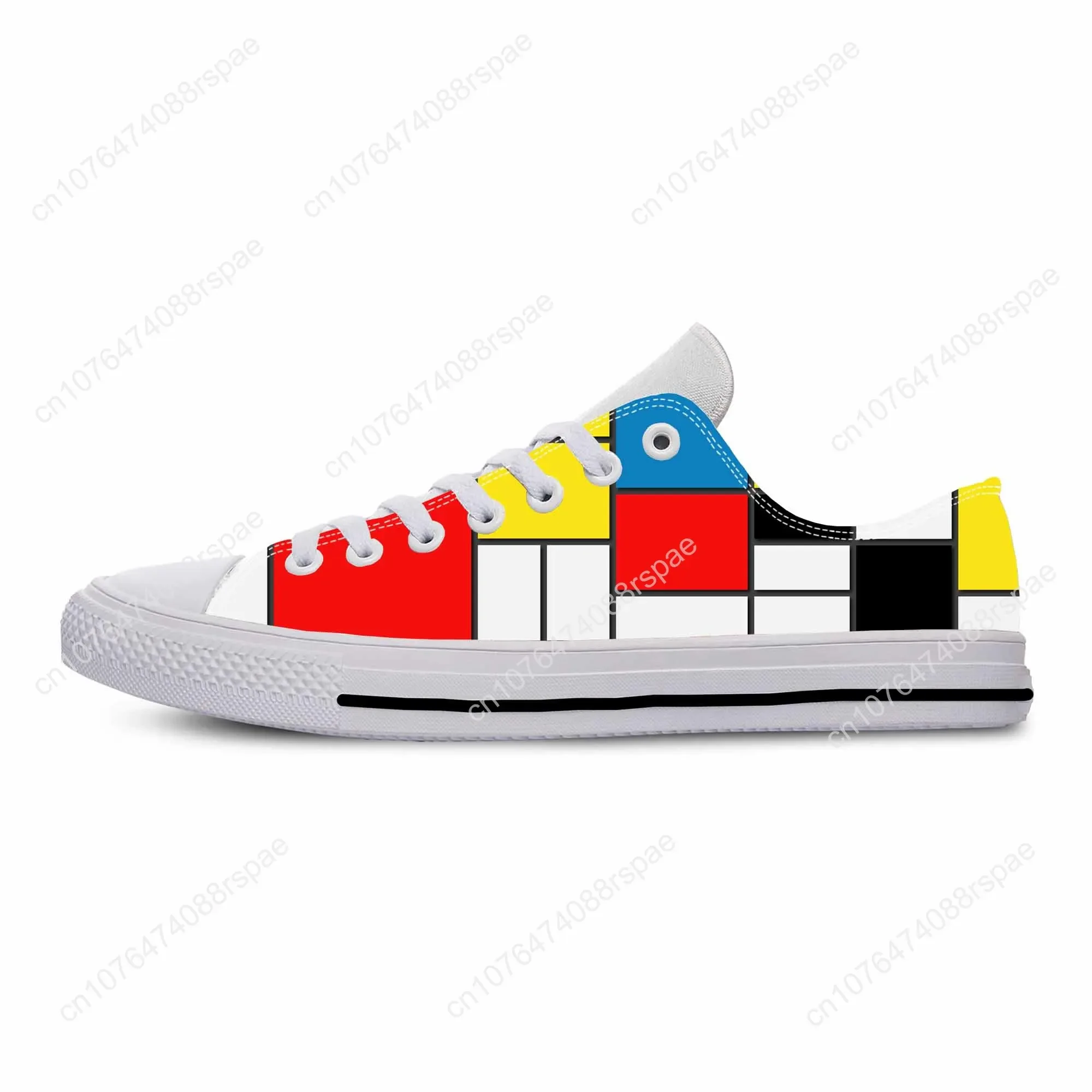 Mondrian Abstract Geometric Pattern Painting Sneakers para homens e mulheres, Low Top, Confortável, Respirável, Impressão 3D, Sapatos de pano casuais