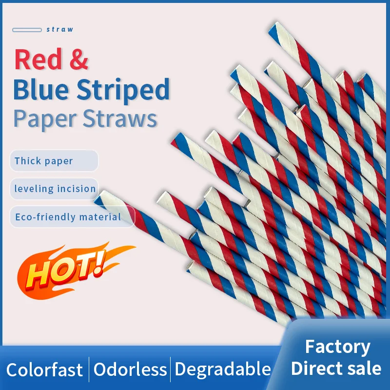 600Pcs Red and Blue StripePaper Straw Material Biodegradable Food Grade Drinking Straw Restaurant Bar Hotel Disposable Straw