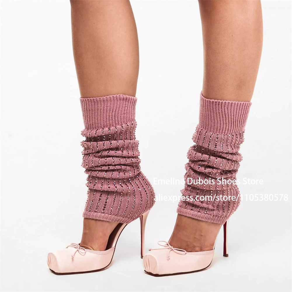 

Satin Ballet High Heels Pumps Knitted Thigh High Socks Stilettos Heel Bowknot Sexy Novelty Fashion Party Summer Shoes for Women