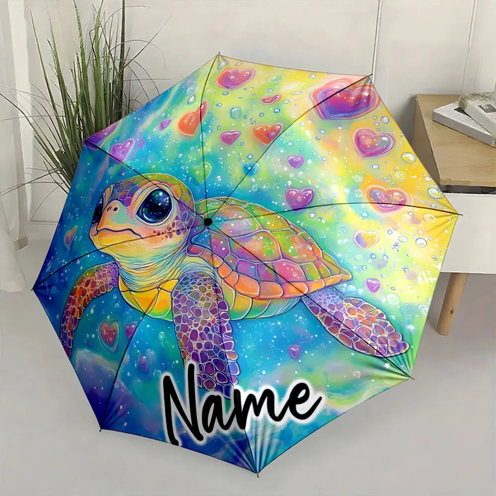 Custom Name  Colorful Turtle Umbrella with Heart Pattern Print 8 Iron Ribs Folding Umbrella Auto-Open Fashion Sunshade