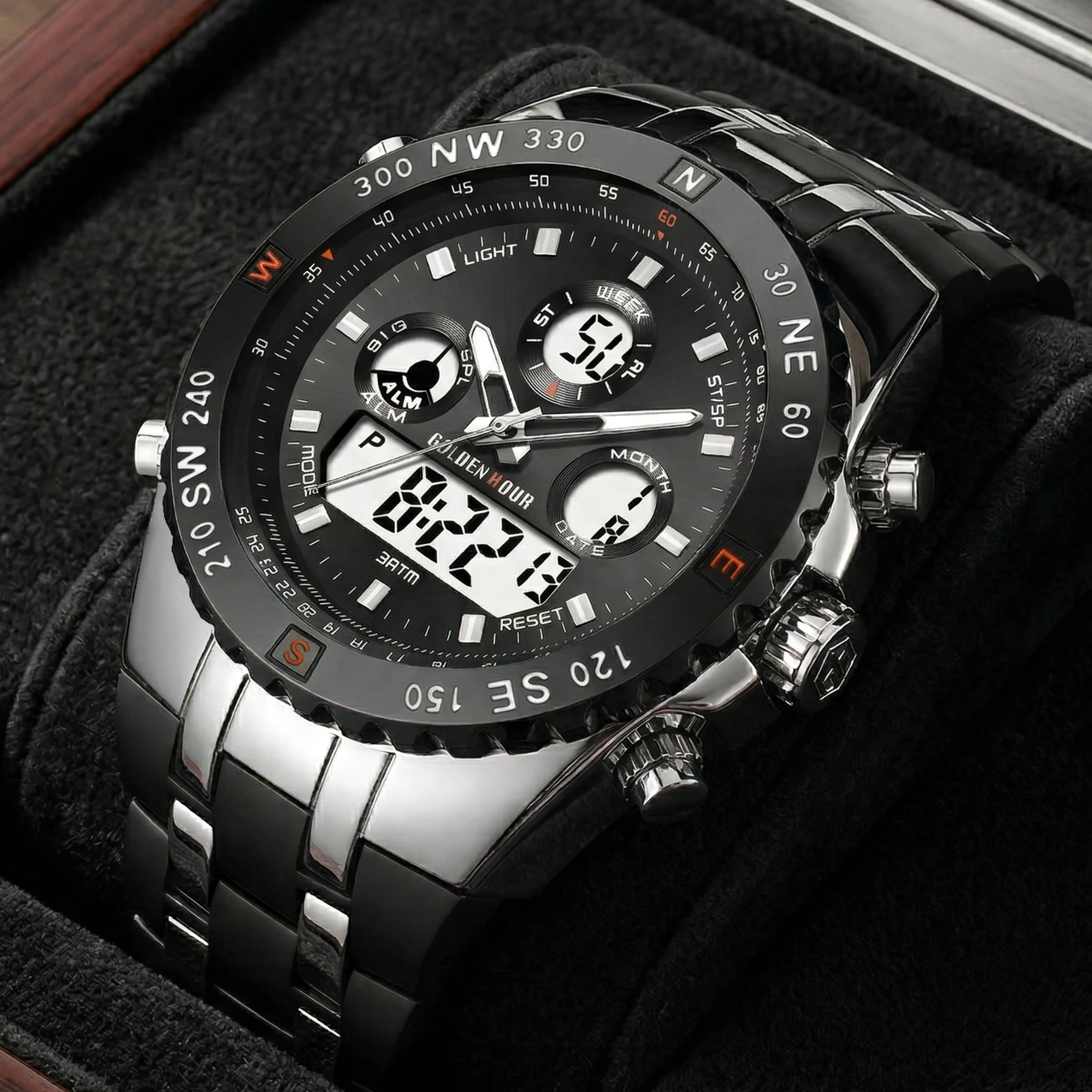 

GOLDENHOUR Luxury Men Watch Industrial Style LED Digital Analog Dual Time Waterproof Luminous Quartz Movement Silicone Strap