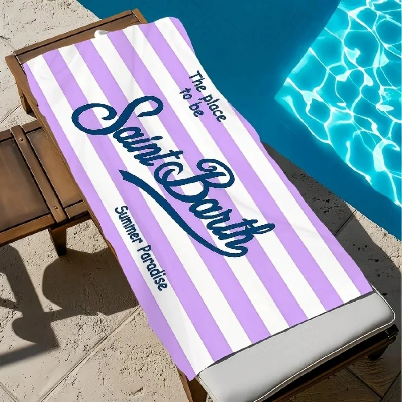 Saint Barth Purple White Striped Beach Towel Summer Paradise Letter Print Quick Dry Pool Bath Towel