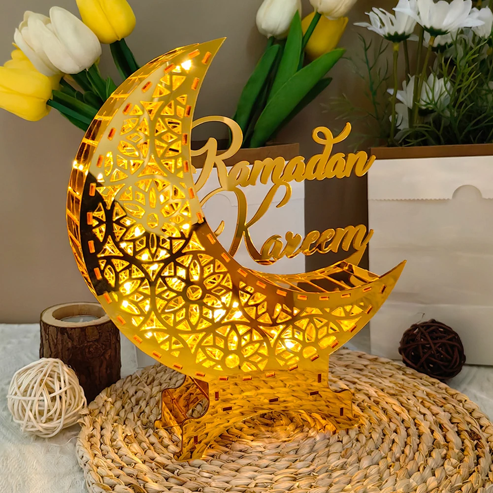 Eid Mubarak Acrylic Ornament Moon Light Tabletop Eid Mubarak Moon Table Top Starry Night Lamp Lights For Home Decoration