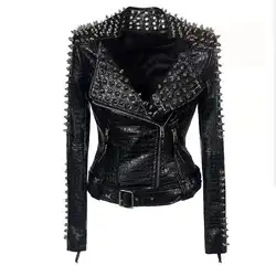 Winter multi rivet short PU leather coat long sleeve jacket fashion women punk Rock black leather clothing