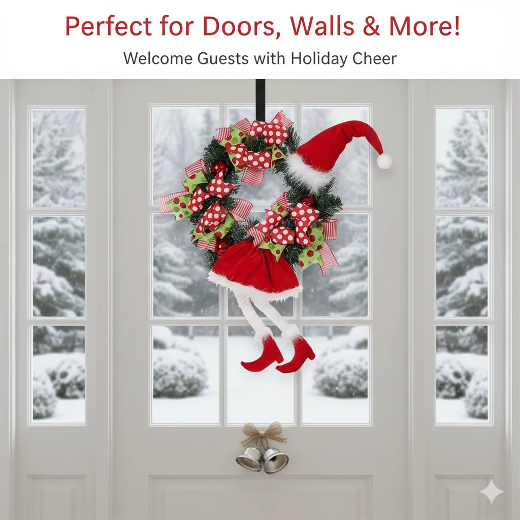 

Christmas Girl Wreath Long Legs Design Hanging Plush Decoration For Door Wall Party Holiday Scene Creative Ribbon Ornament