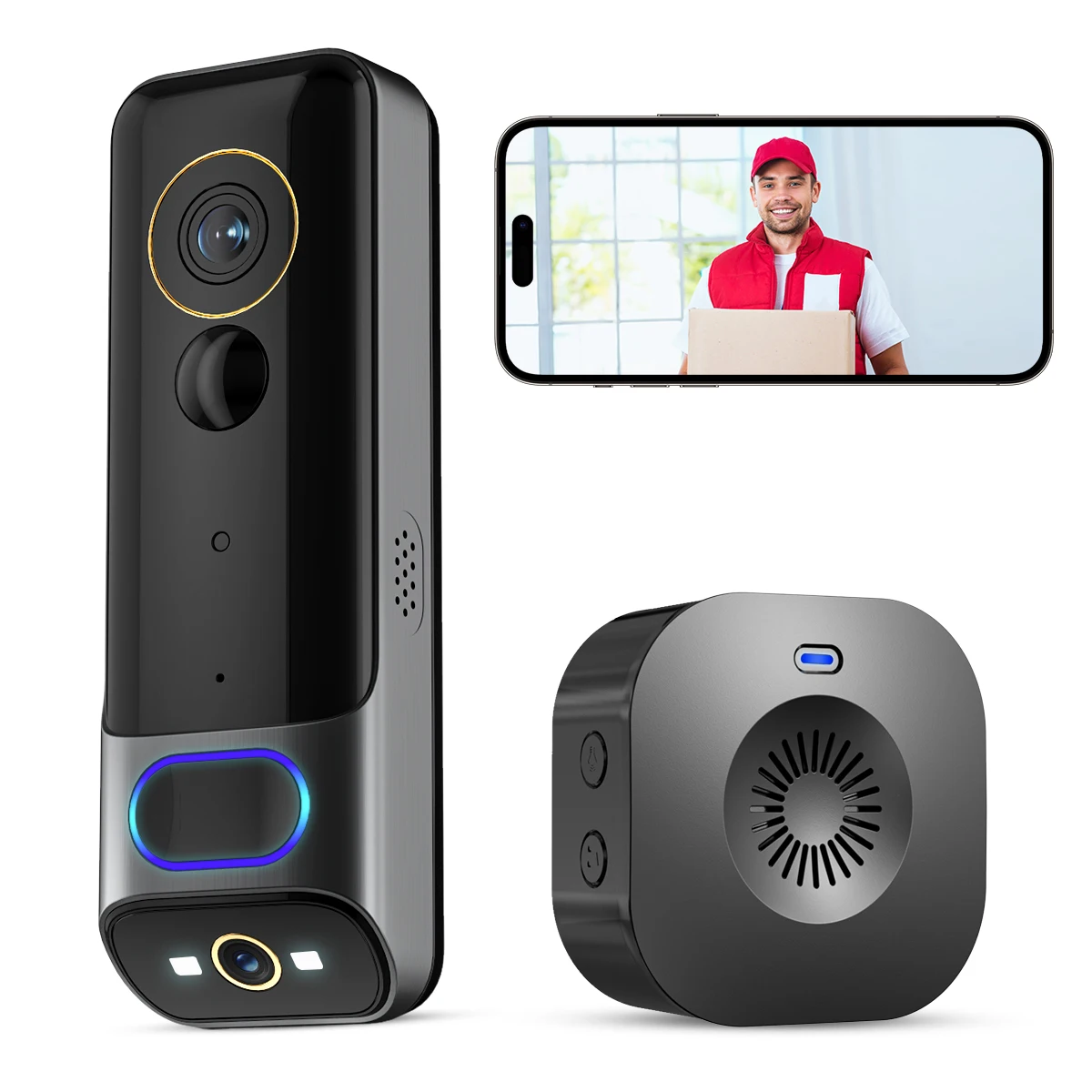 Wireless Battery Rechargeable Smart Ip65 Waterproof Two-way Audio Ringtone Video Doorbell