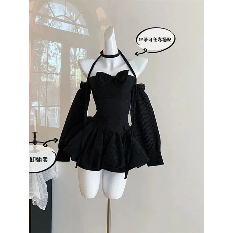 

French vintage prom gown Y2K removable long sleeve mini dress Women 2000s aesthetic frock evening one-piece gyaru party banquet