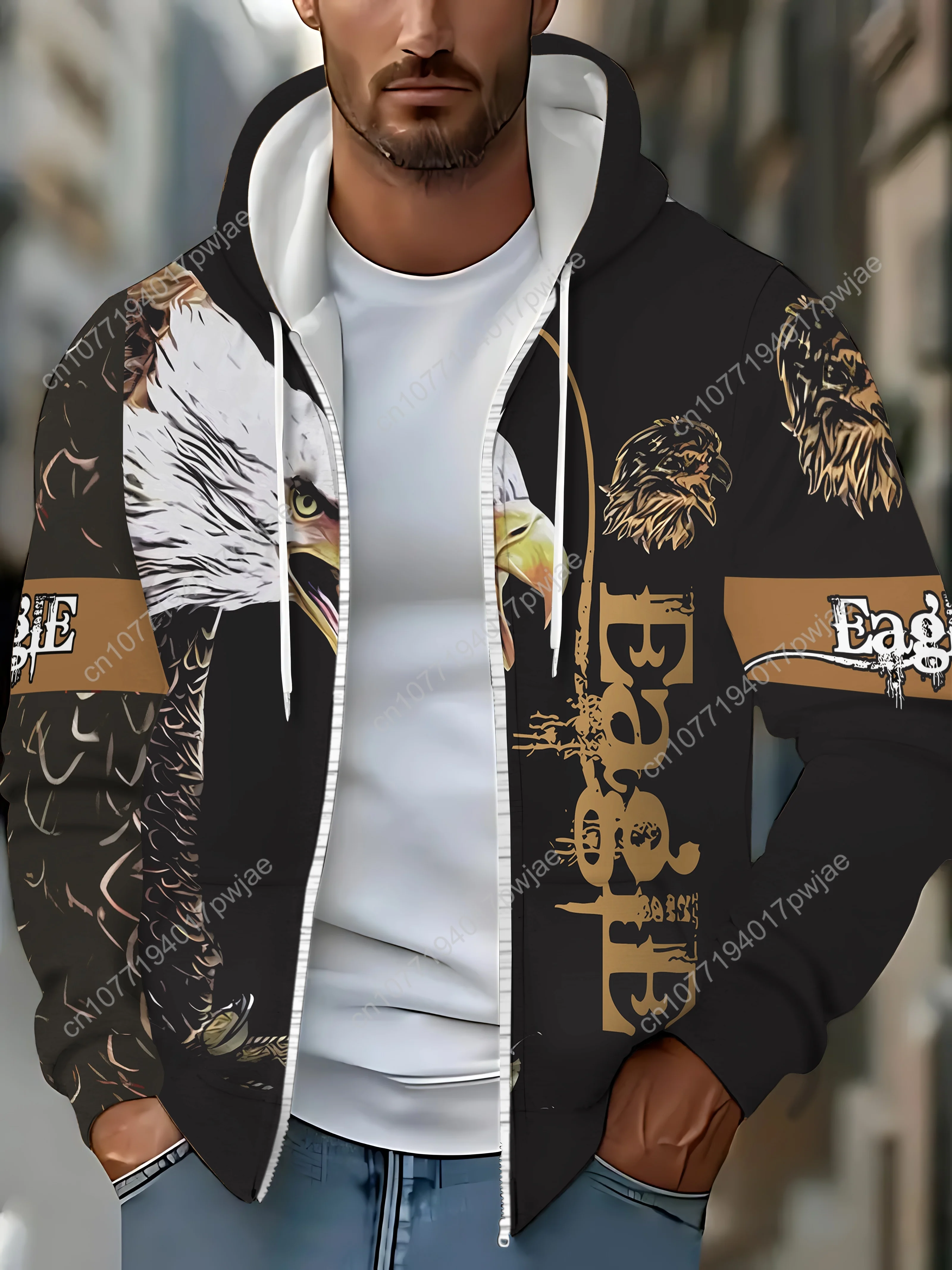 Sweat à capuche zippé imprimé aigle pour hommes – Pull élégant à manches longues avec un design "EAGLE", veste confortable automne/hiver, avec Golden & Eagle