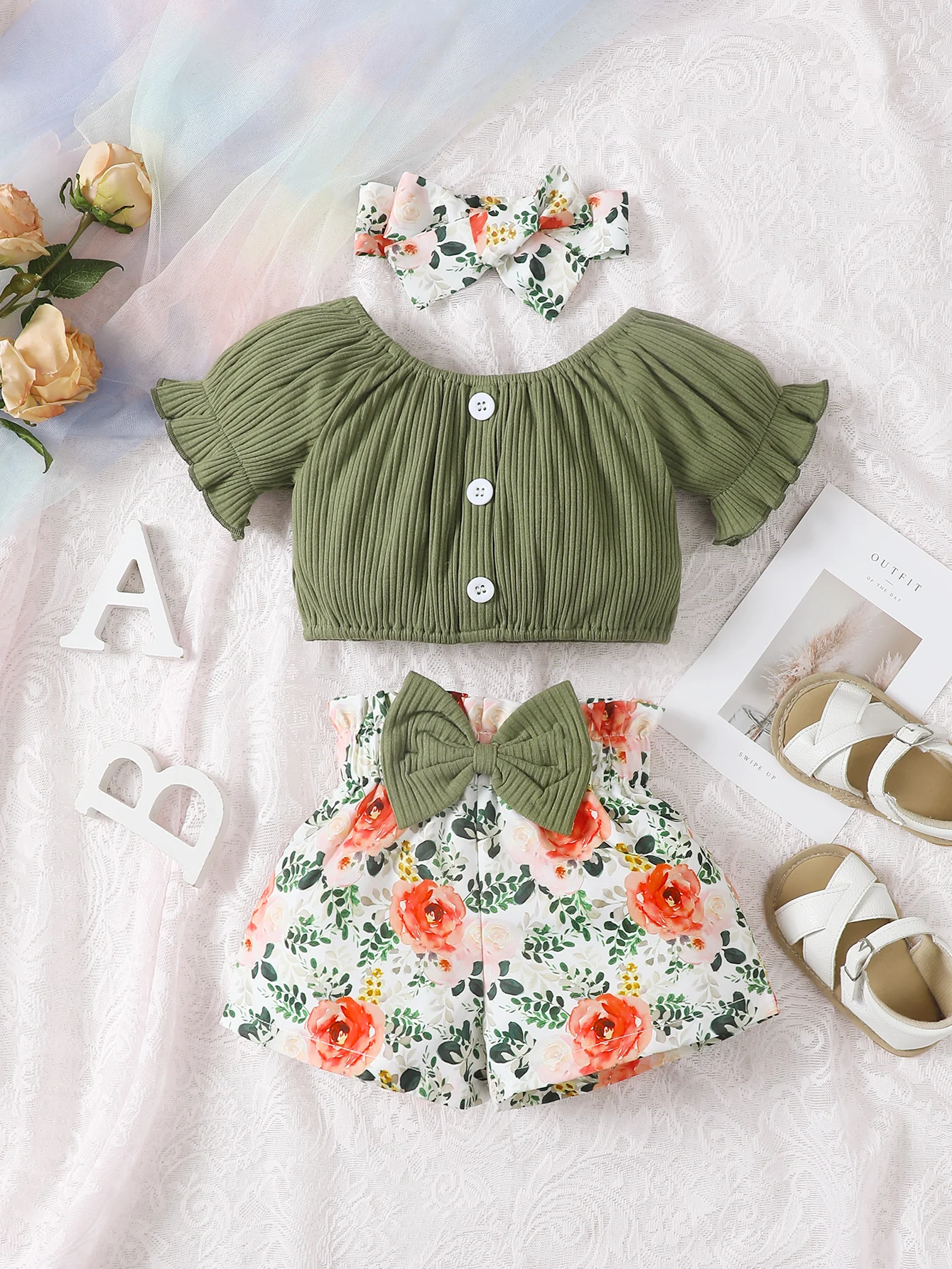 Summer round neck cute casual girl aged 0-2, Cotton Short Sleeved Headscarf, Printed Bow Shorts, Baby Wear