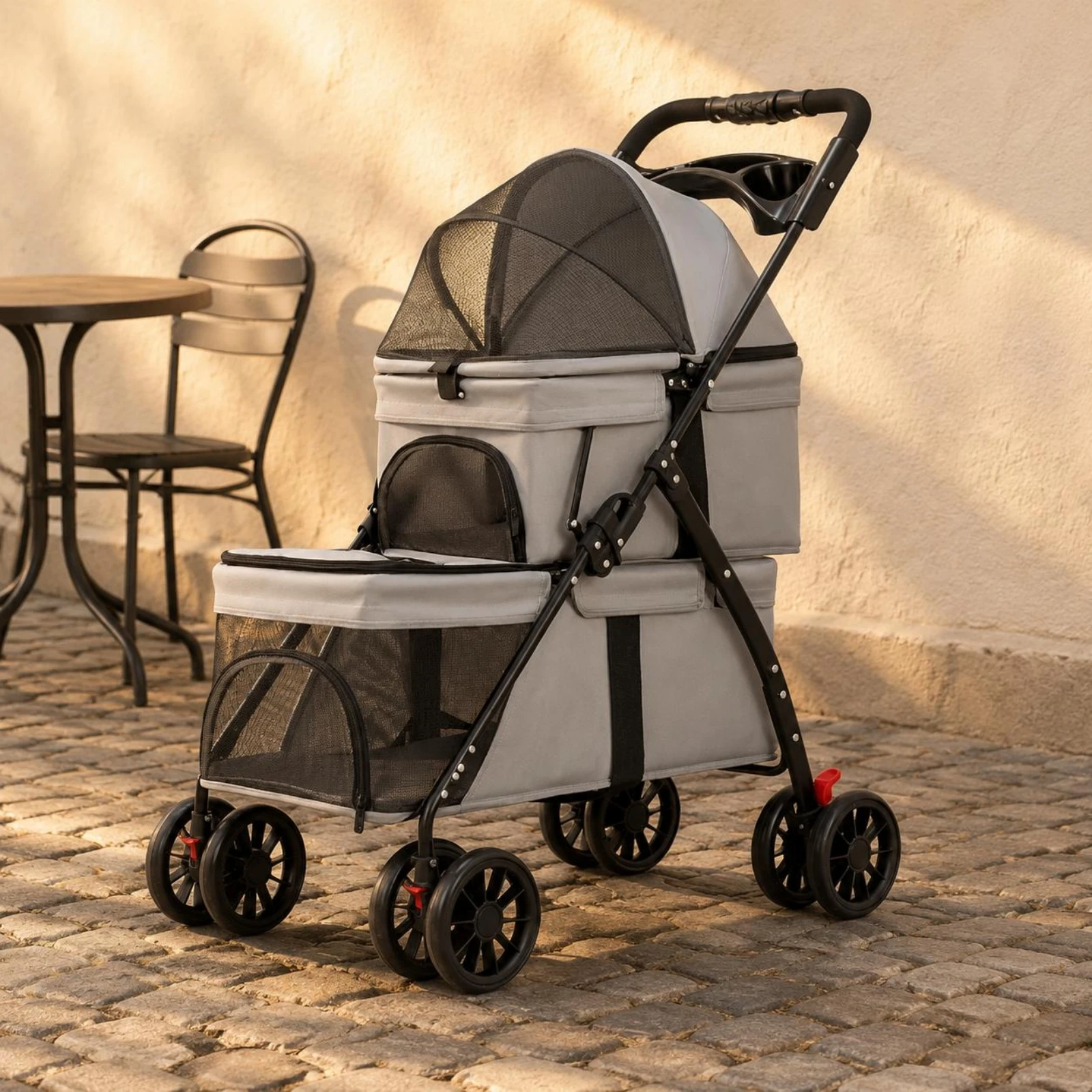Double-Deck Pet Stroller Lightweight Small Dog Feline Stroller Pet Transport Storage Pockets Removable Liner for Outdoor