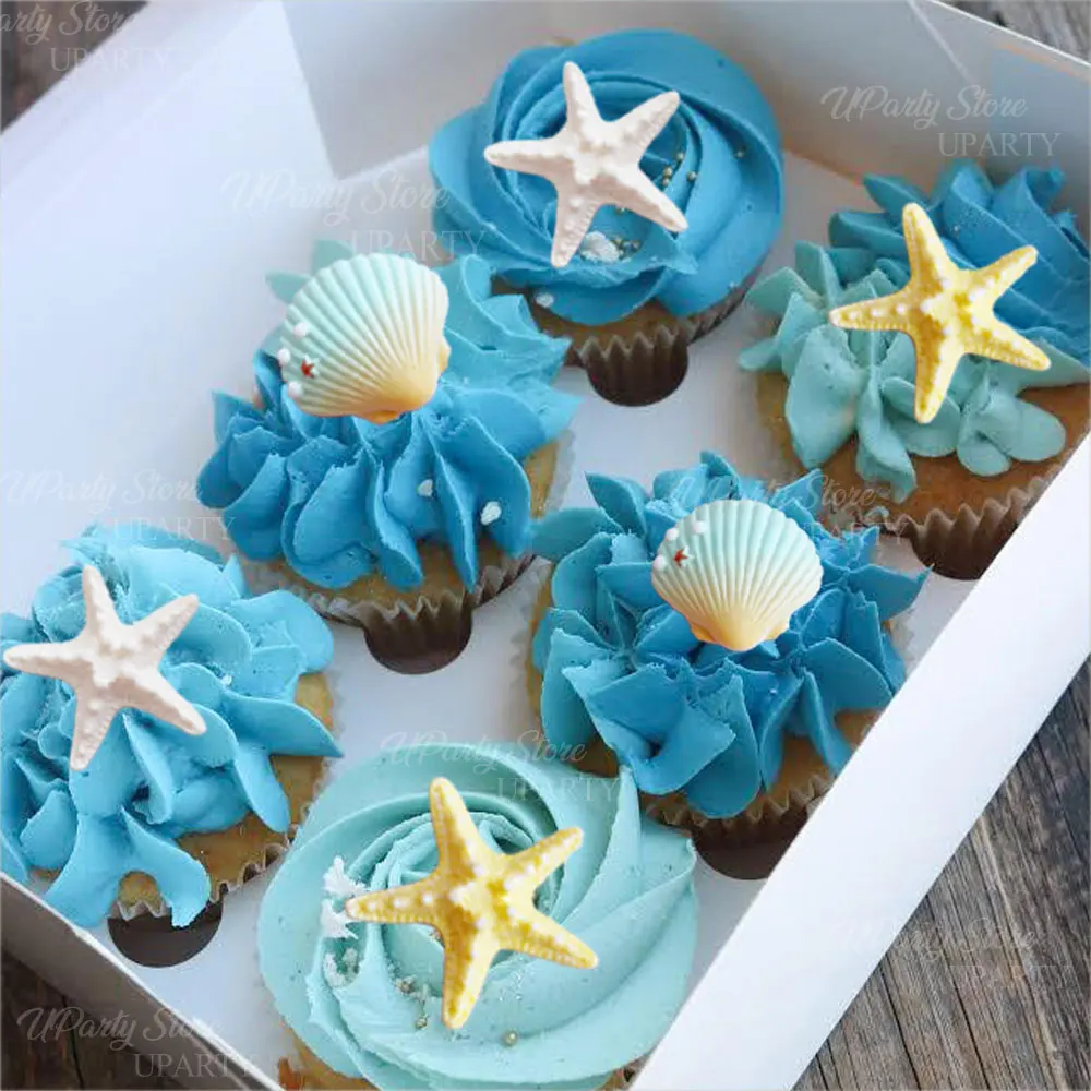 10 Stück Ozean Muschel Kuchen Topper Harz Blau Gelb Weiß Muschel Seestern Cupcake Topper für Ozean Meer Alles Gute zum Geburtstag Kuchen Dekor – Detail 5