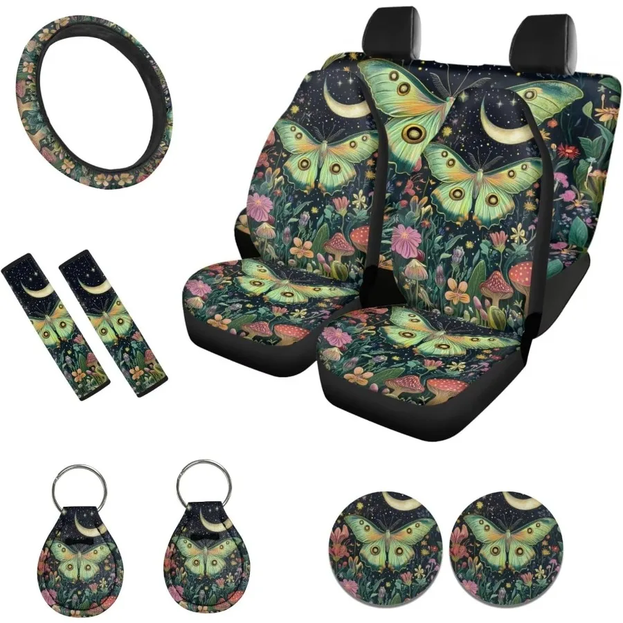 

Чехол на автомобильное сиденье Moon Mushroom Moth, полный комплект автомобильных аксессуаров с чехлом на руль, чехол на ремень безопасности, автомобильные подставки, брелок Univ