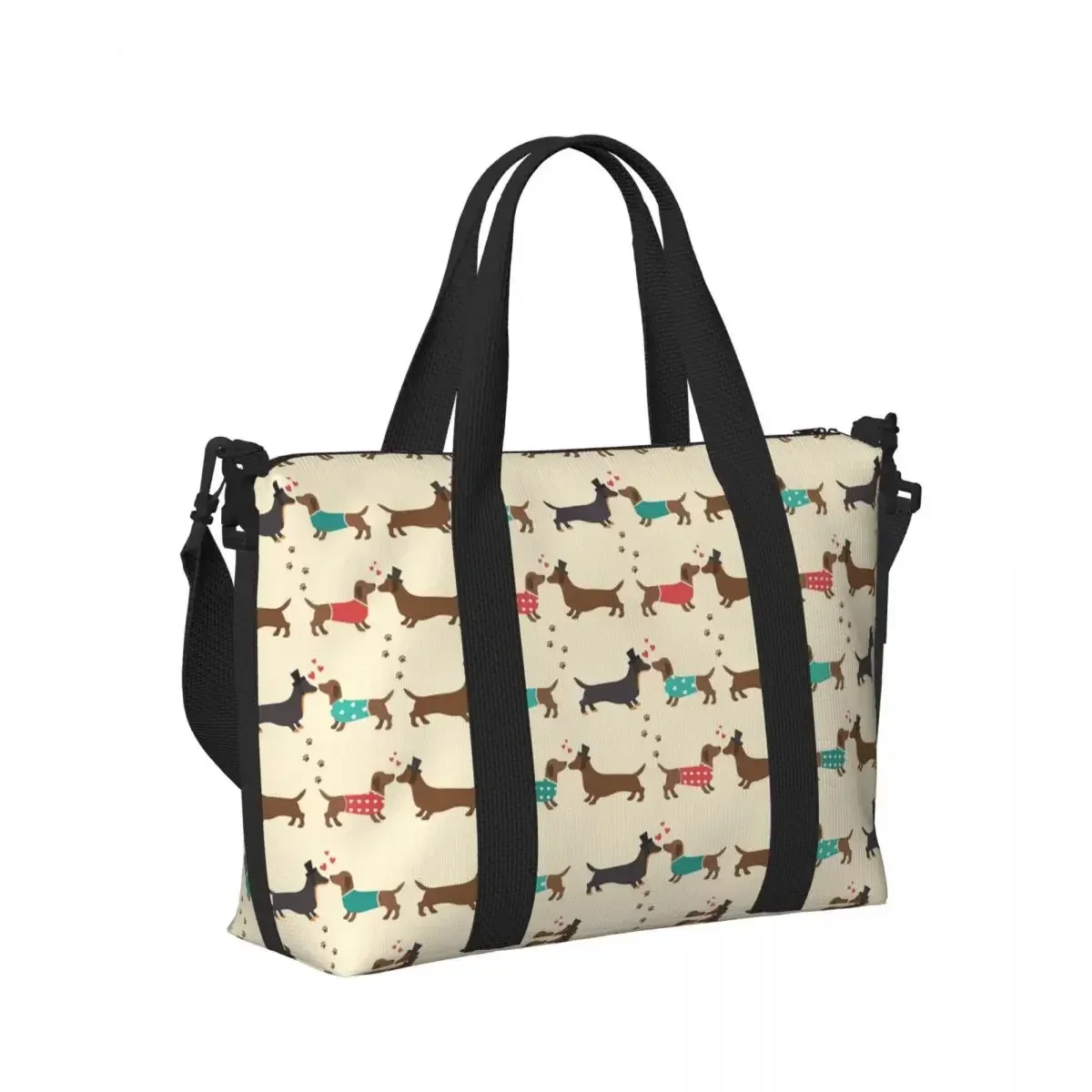 

Couple Dachshund Dog Pattern With Heart Beach Travel Bag Capacity Tote Bags for Gym Sport Women Shopping Duffle Shoulder Bag