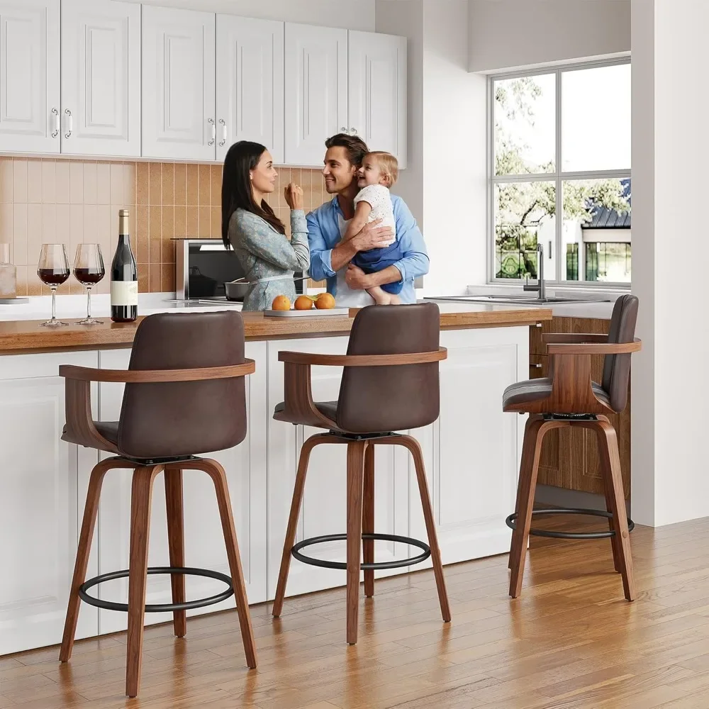 For Swivel Bar Stools Set of 3, 26" Counter Height Barstools with Wood Legs and Backs, Upholstered PU Leather Bentwood Frame Bar