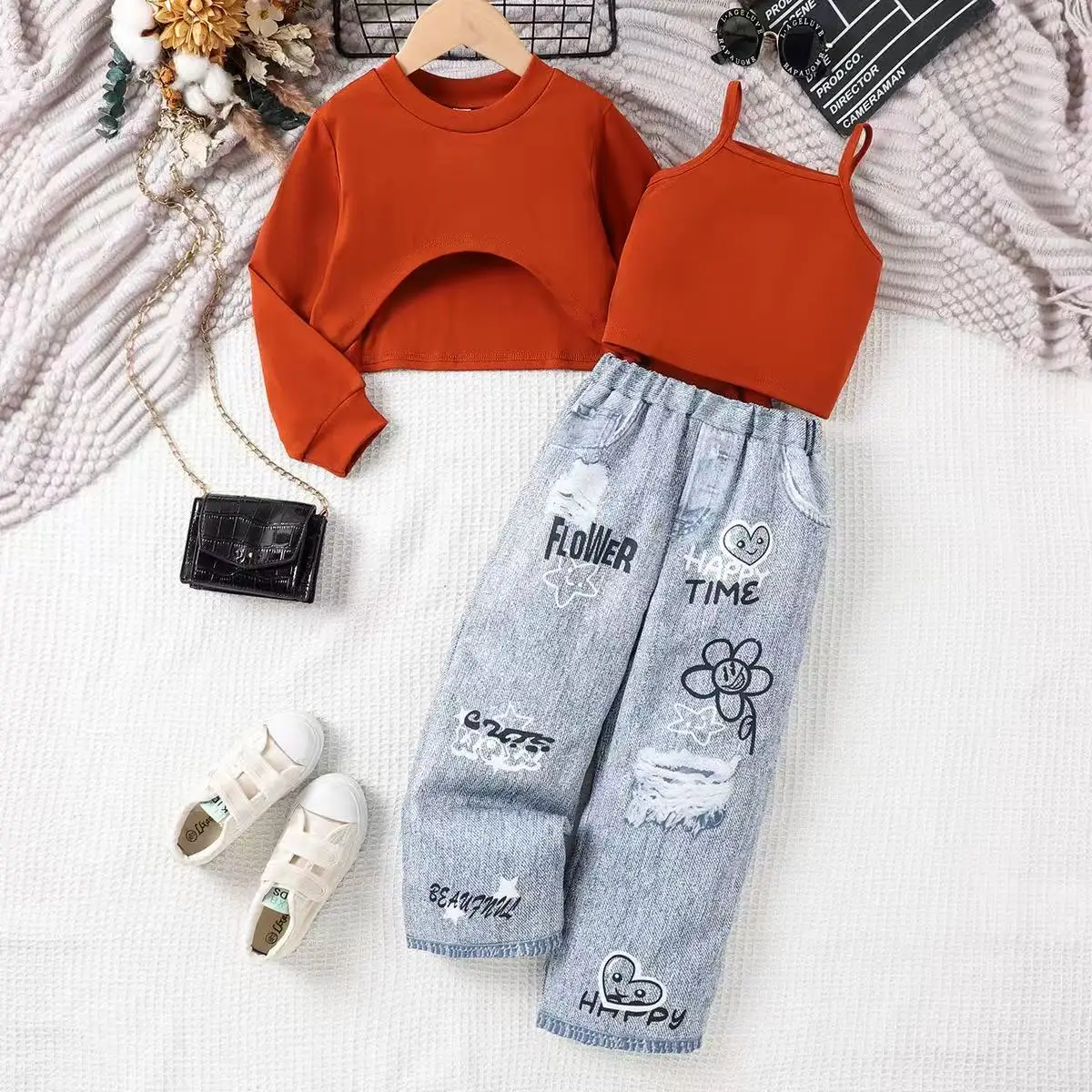

New Kids Girls Streetwear Set Orange Red Crop Sweatshirt Camisole Graffiti Ripped Jeans 3PCS Fashion Outfit for 2-7Y
