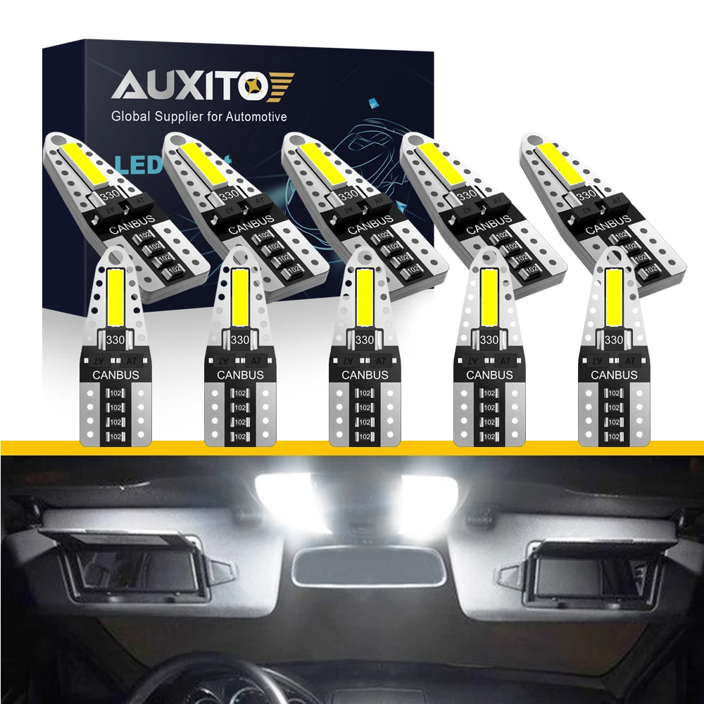 AUXITO 10Pcs Car Interior LED Lights T10 W5W 194 168 Canbus LED Small Bulbs with Ultra Powerful Bright 360 Degree Lightings 12V