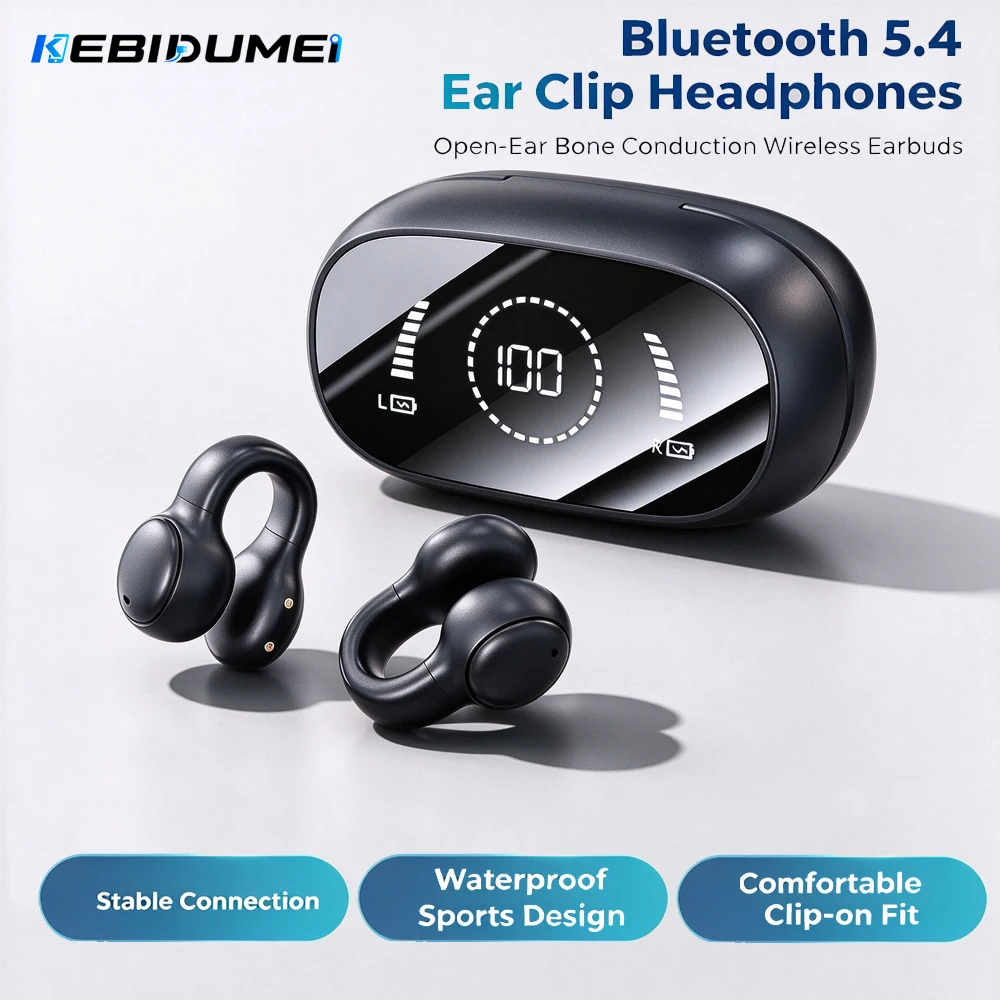 KEBIDUMEI Bluetooth 5.4 Open Ear Earphones Ear Clip Headphones Mirror Digital Display HiFi Stereo Noise Cancelling Earbuds