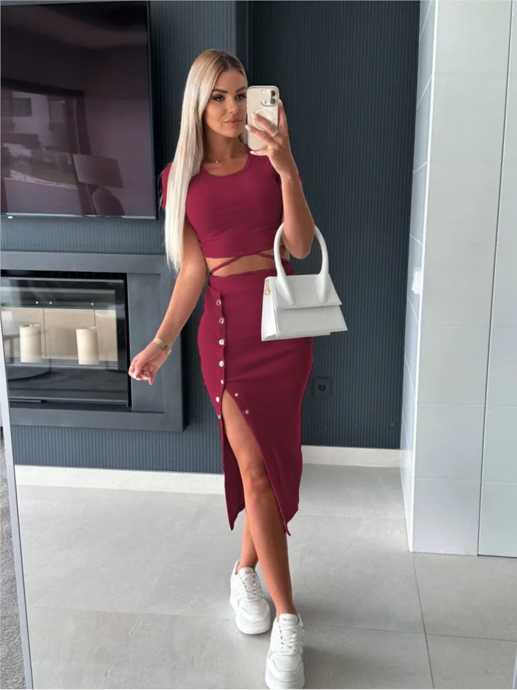 Summer Suit New Solid Color Short-sleeved Round Neck Top Button Exposed Navel Hip Mid-length Skirt Casual Two-piece Set Y2k