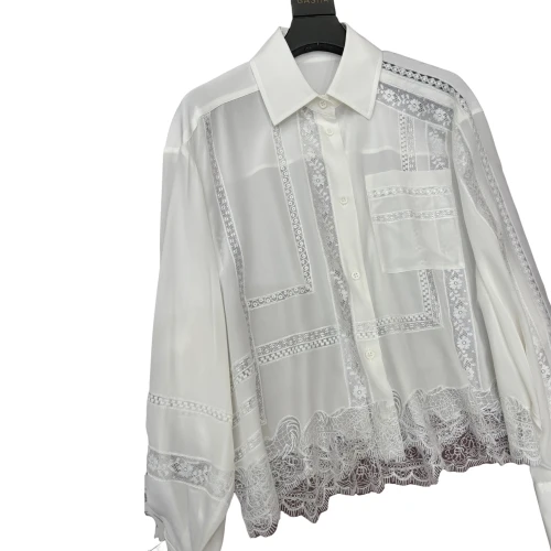 2024 new French vintage lace embroidery splicing short loose silk shirt female minority long sleeve