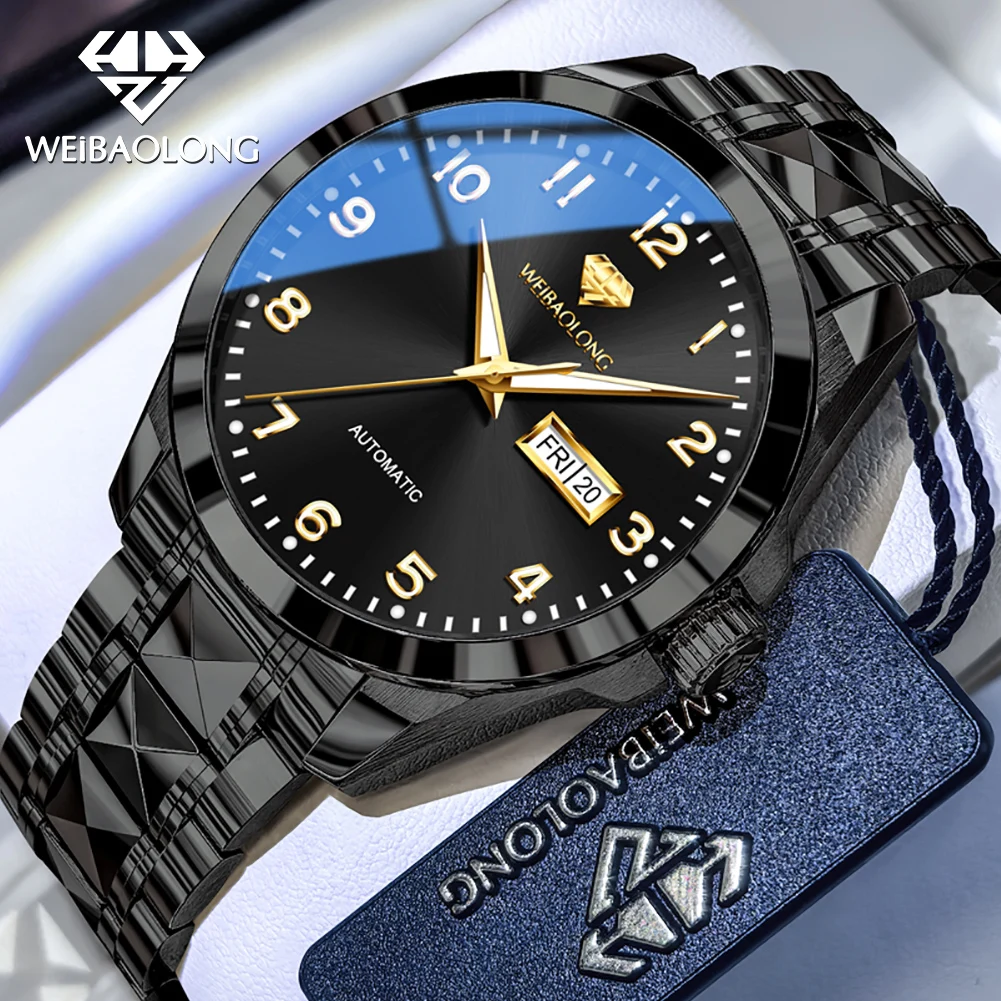 WEIBAOLONG Luxury Mens Watch Real Gold Automatic Mechanical Watch 50M Waterproof Week Date Watch for Man Gifts Box Reloj 3811