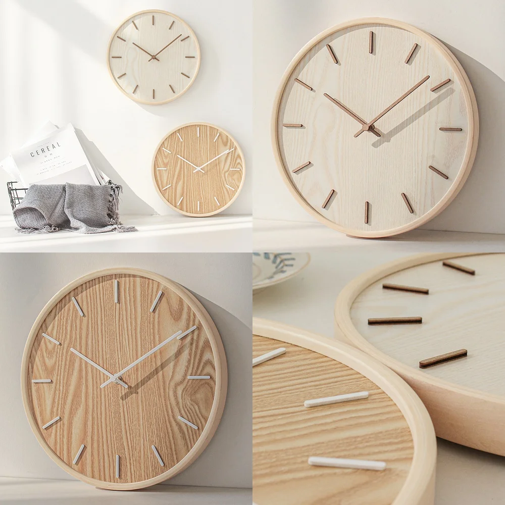 MJK Japanese Style Home Ultra Quiet Wall Clock Living Room Bedroom Simple Modern Decorative Round Wooden Quartz Clock