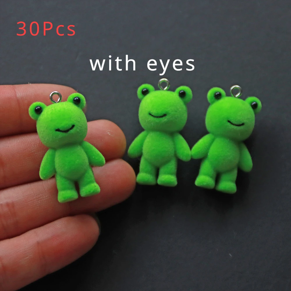 30Pcs 3D With Eyed Frog Charms Cartoon Flocking Animals Resin Pendant Earring Keychain Accessorie for DIY Crafts Jewelry Make