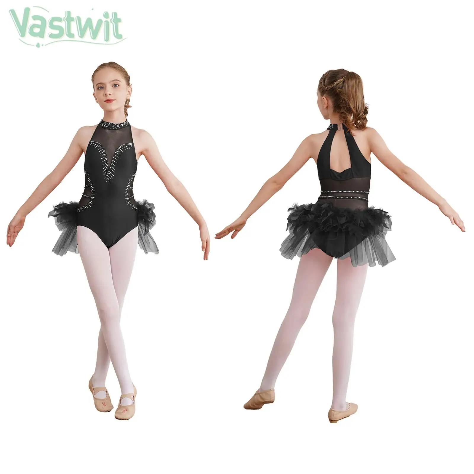 Child Girls Ballet Dance Tutu Leotard Sleeveless Sheer Mesh Gymnastics Bodysuit Figure Skating Latin Tango Samba Rumba Dancewear