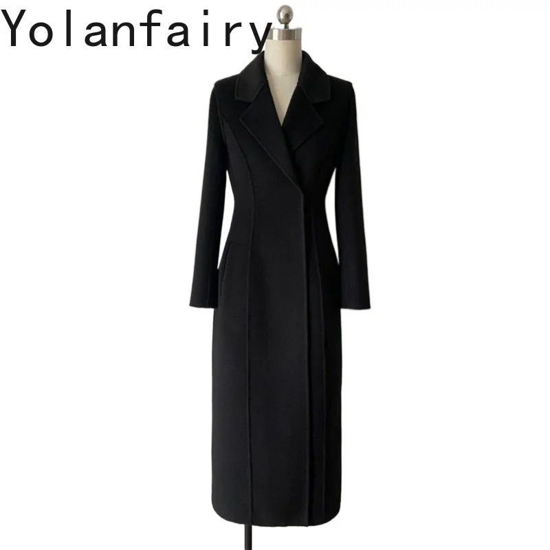 YOLANFAIRY Black Double-faced Cashmere Coat Women High Quality Wool Coats for Woman Elegant Slim-fit Long Woolen Jacket abrigo