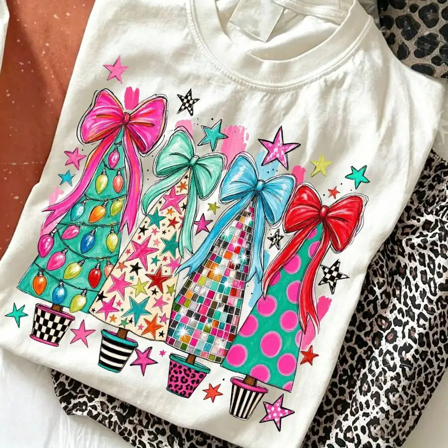 Women's 4 Christmas Trees Disco Ball Bow Colorful Holiday Graphic Print T‑Shirt Crew Neck Short Sleeve Casual Tee Top