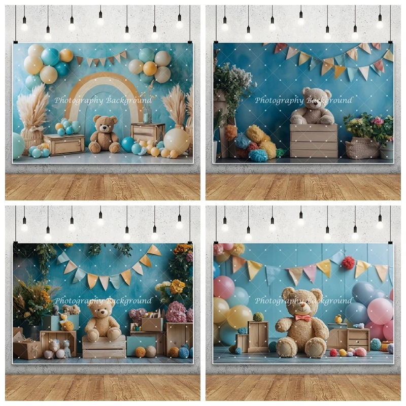 

Brown Teddy Bear Blue Photography Backdrop Balloon Colorful Flag Wooden Box Flower Baby Shower Child Decors Background Photo