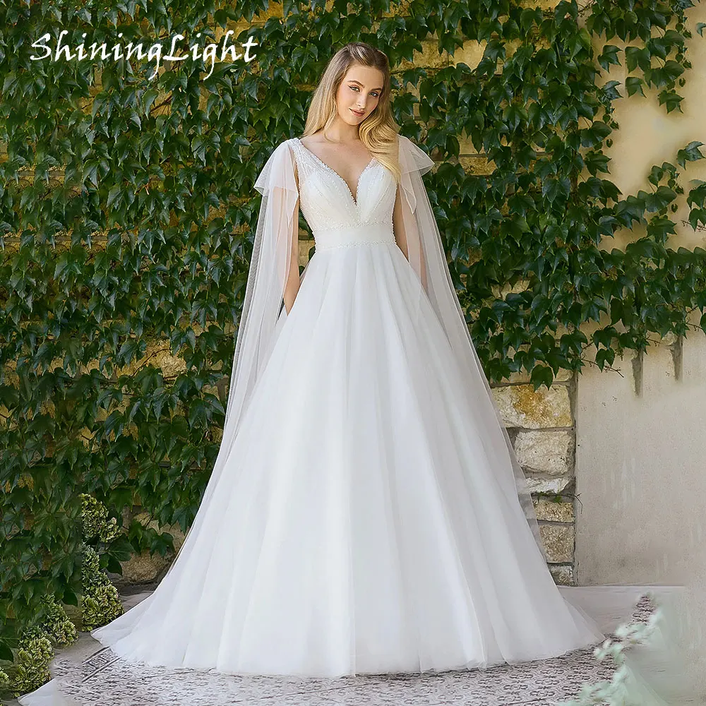 

ShiningLight White Boho Wedding Dress for Women V Neck A Line Sequins Princess Bridal Gowns Simple Vestido De Novia Customized