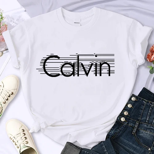 Imagen 1 del producto Camiseta de manga corta con cuello redondo y estampado de letras Calvin holgada informal a la moda de algodón puro 100% de verano para mujer