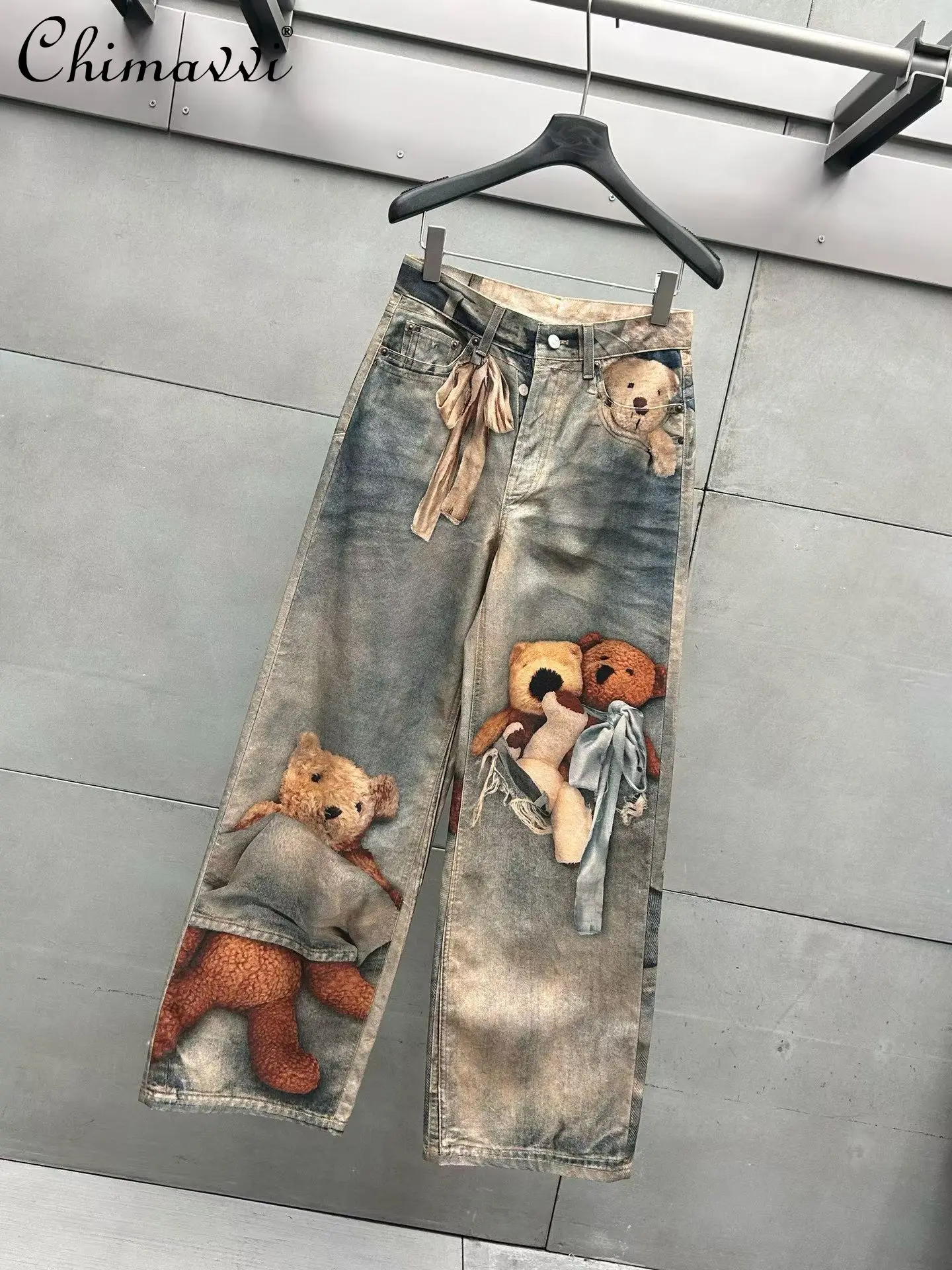 

Новые модные джинсы с принтом медведя, свободного кроя, прямые, для женщин, весна-осень 2026, элегантные джинсовые брюки в уличном стиле