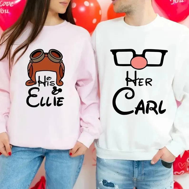 

Disney Movie Up His Carl Her Ellie Boys Girls Couples Two Pack Crewneck Sweatshirt Soft Comfy Stylish Loose Large Autumn Winter